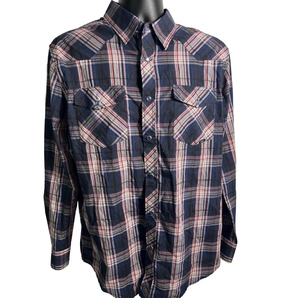 Coastal Shirt Mens Large Blue Red Plaid Western Pearl Snap Long‎ Sleeve